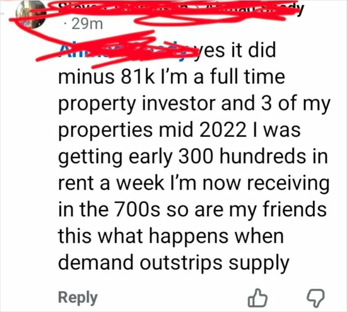 Social media comment about renting and booking market, discussing supply and demand of properties.