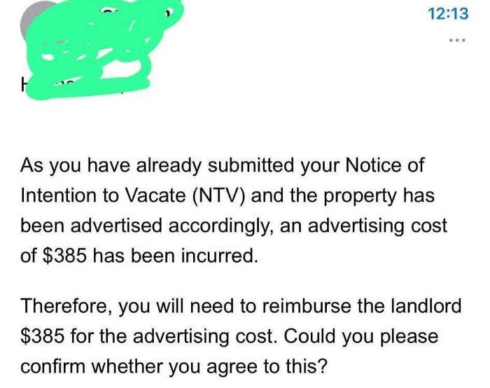 Message showing a tenant being charged a 385 dollar advertising fee, showing renting regrets.