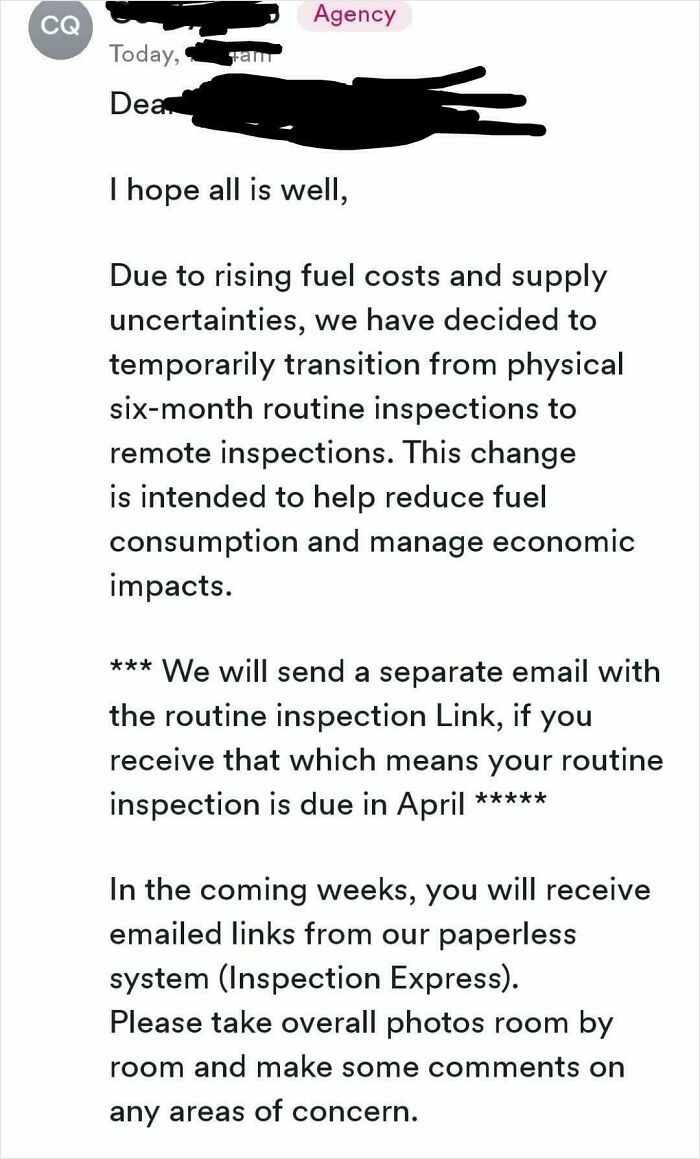 A notice from a renting and booking agency requesting remote inspections due to rising fuel costs.