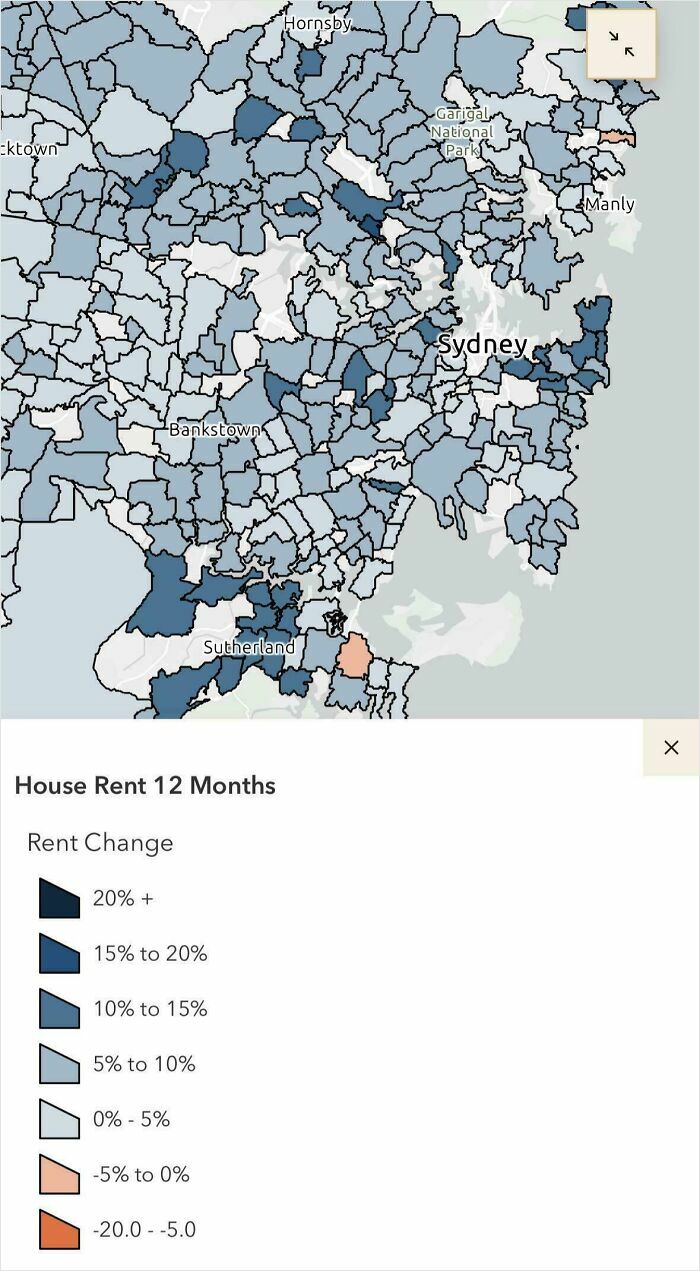 A map showing rental price increases in Sydney highlight booking and renting struggles.