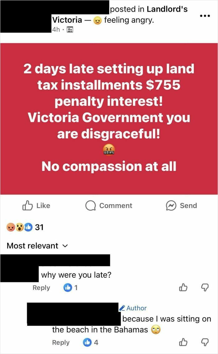 Social media post showing a landlord complaining about tax while on a beach, illustrating renting experiences.