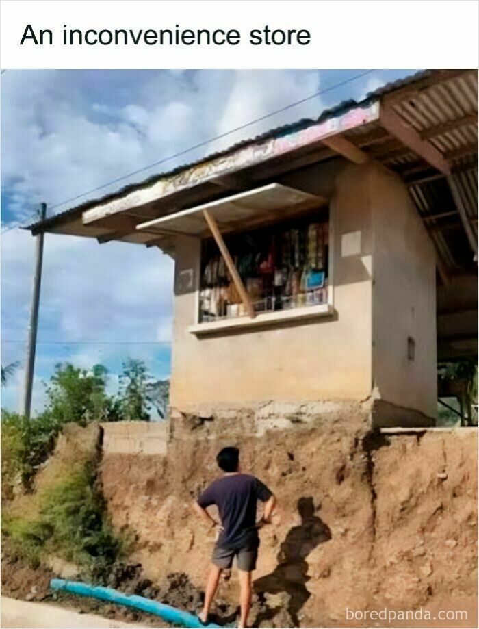 Humorous photo of a man looking at an inconveniently placed store on a hill