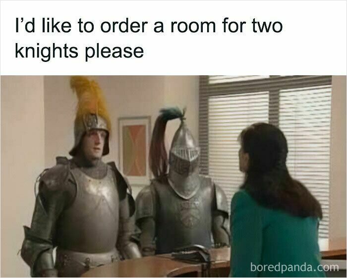 Humorous meme about ordering a room for two knights with people in armor at hotel desk