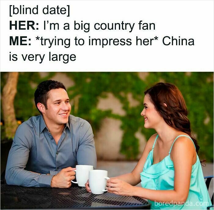 Funny blind date meme with a man trying to impress woman with country size remark