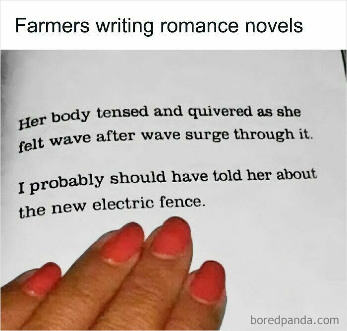 Humorous farmers romance novel text about electric fence