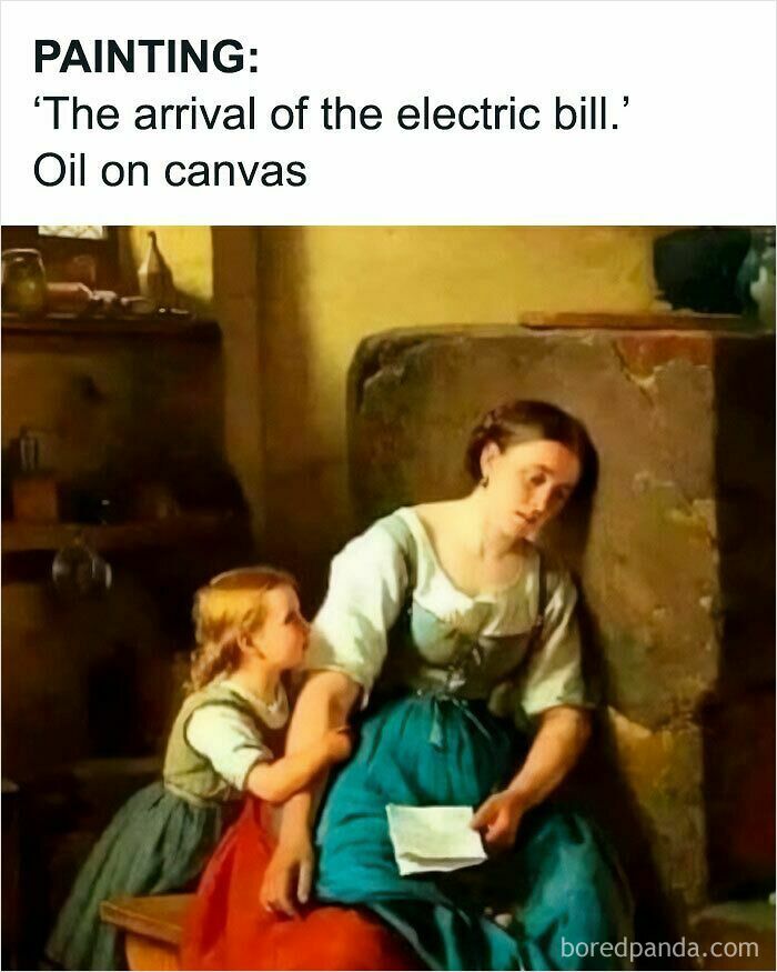 Humorous painting meme depicting arrival of the electric bill