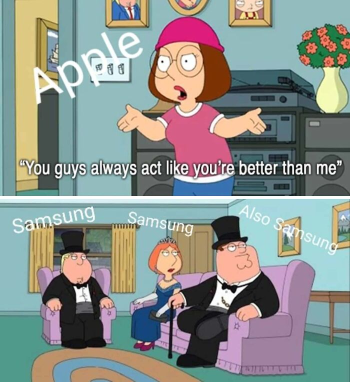 Family Guy meme with characters representing Apple and Samsung rivalry