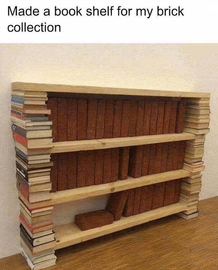 Funny meme of a bookshelf made to store bricks humorously