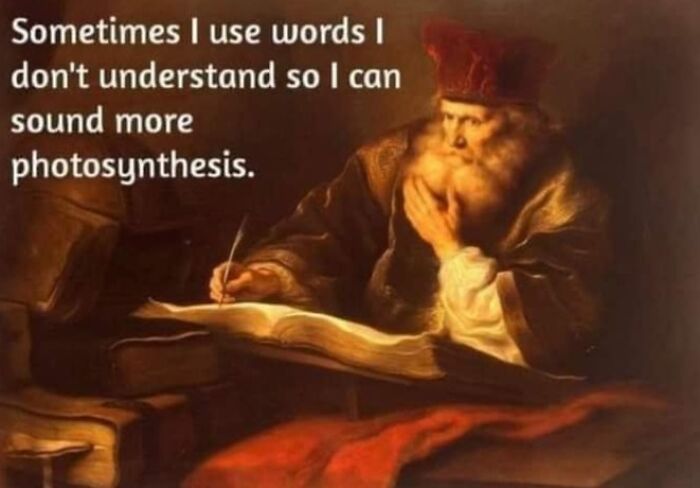 Humorous meme about using complex words with an old painting background