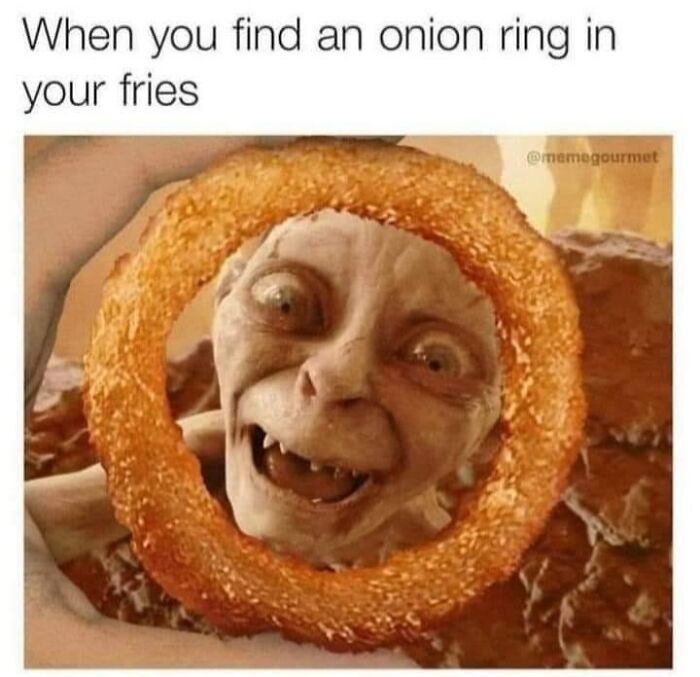Funny meme of a character peeking through an onion ring in fries