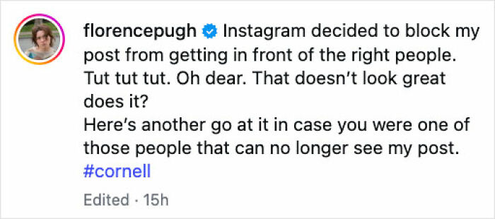 Florence Pugh post on Instagram regarding the Cornell fraternity case Florence Pugh post on Instagram regarding the Cornell fraternity case
