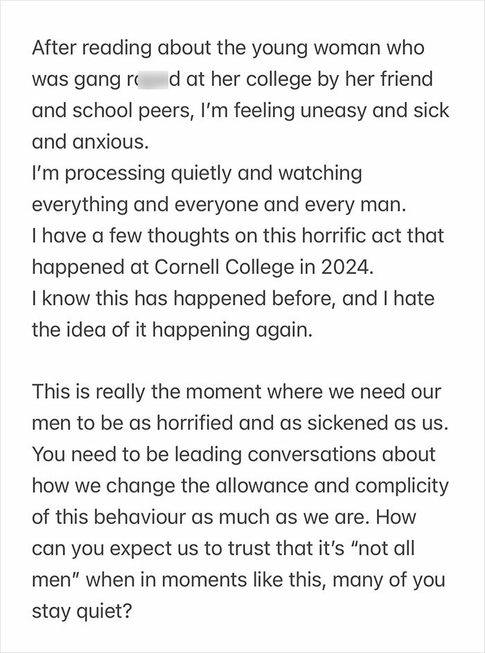 Social media post on Cornell Fraternity Case addressing the horrific act and calling on men to speak out. Social media post on Cornell Fraternity Case addressing the horrific act and calling on men to speak out.