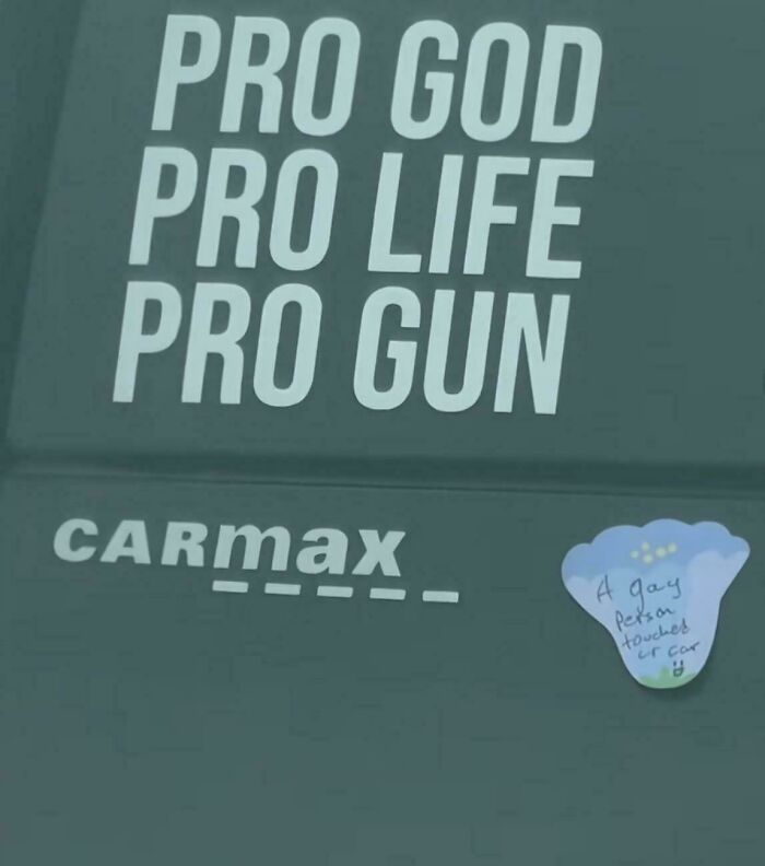 Vehicle decals and funny bumper stickers stating Pro God Pro Life Pro Gun next to a small sticky note prank.