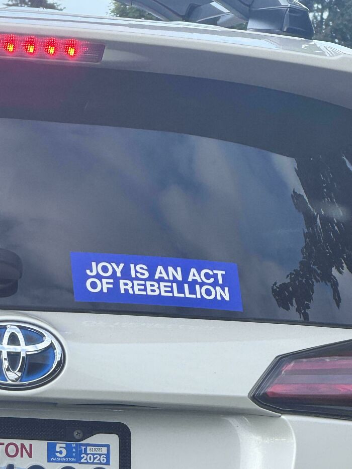 A blue wild bumper sticker on a white car window with white text stating, JOY IS AN ACT OF REBELLION.