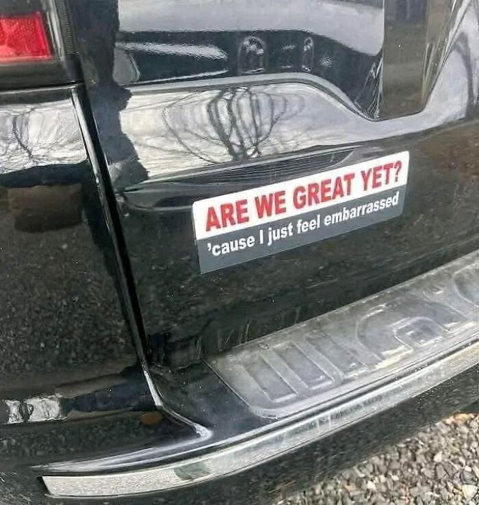 Vehicle bumper featuring a political satire wild bumper sticker.
