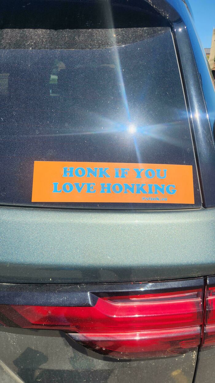 Orange bumper stickers reading HONK IF YOU LOVE HONKING on a dark car rear window.