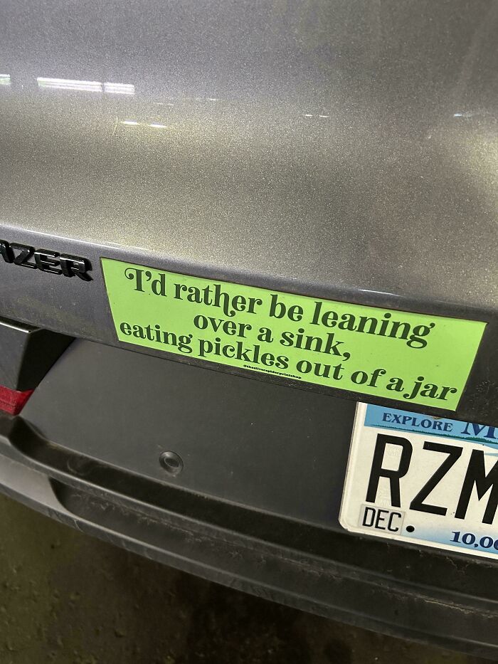 Green bumper stickers with funny text on a grey car about eating pickles over a sink.
