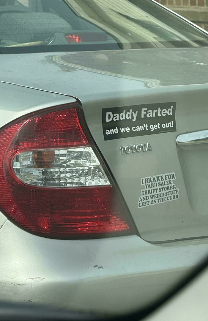 Funny bumper stickers about family on the back of a silver Toyota.