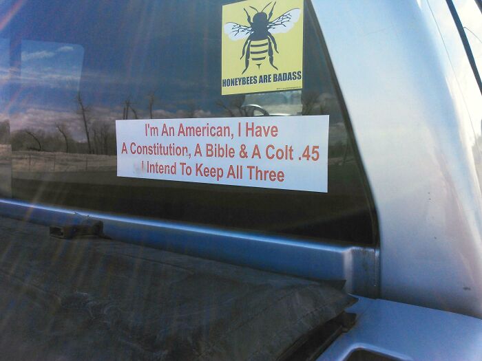 American political bumper stickers on a truck rear window.