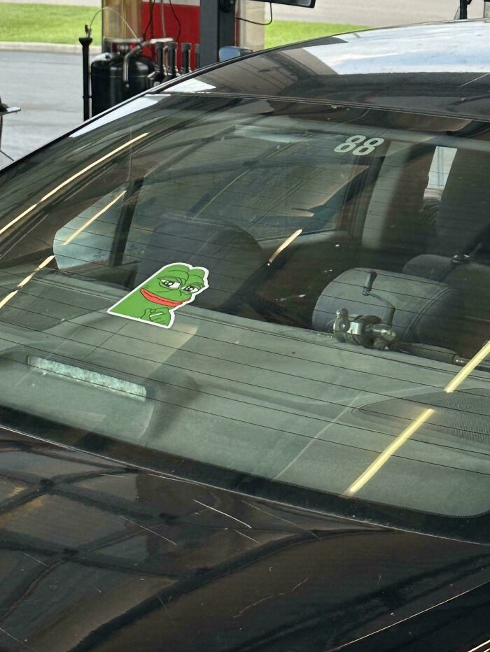 Pepe the Frog decal displayed inside a car back window among funny bumper stickers