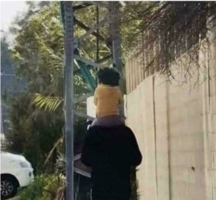 Person carries child whose hair looks like a dog due to angle