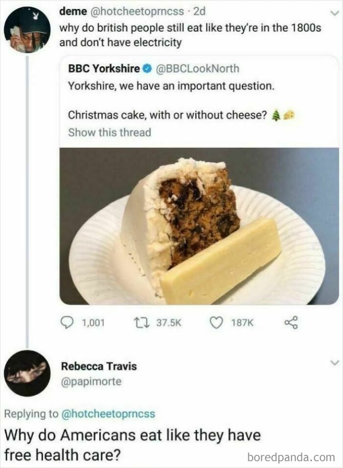 Sarcastic Twitter exchange on British Christmas cake and American healthcare eating habits