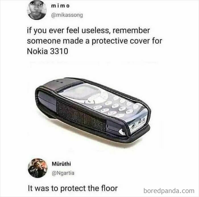 Dry sarcasm about useless Nokia 3310 protective cover protecting the floor