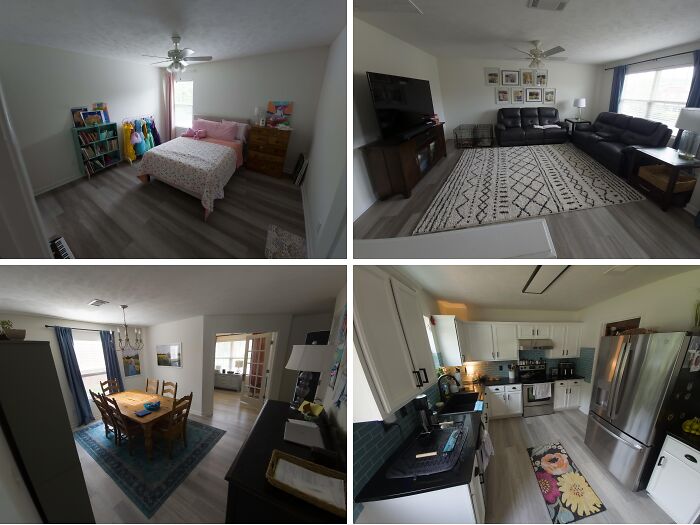 Four different rooms decorated nicely, contrasting with the ridiculous or cute things wives do around the house.