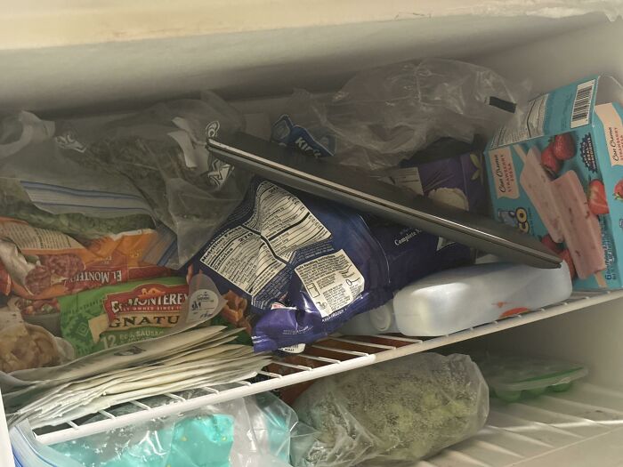 A closed laptop stored inside a cluttered freezer shelf, showing unhinged things wives do.