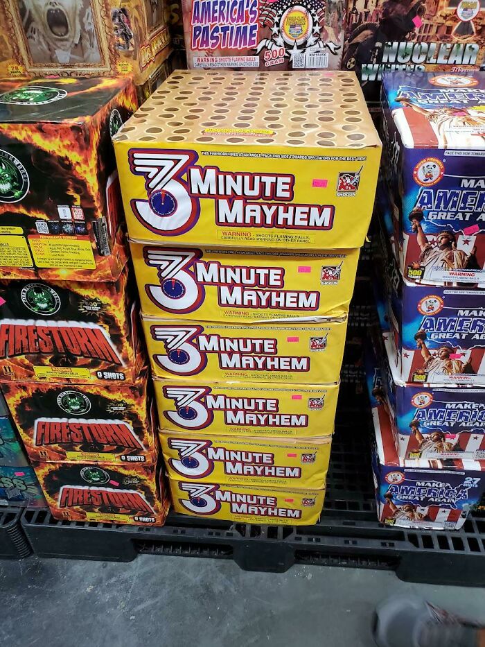 Stack of three minute mayhem fireworks on display, showing unhinged things wives do