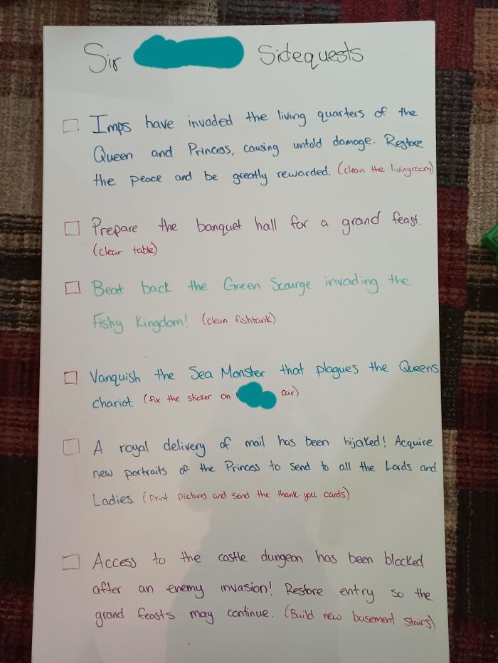A hand-written list of chore sidequests for a husband, created by his wife