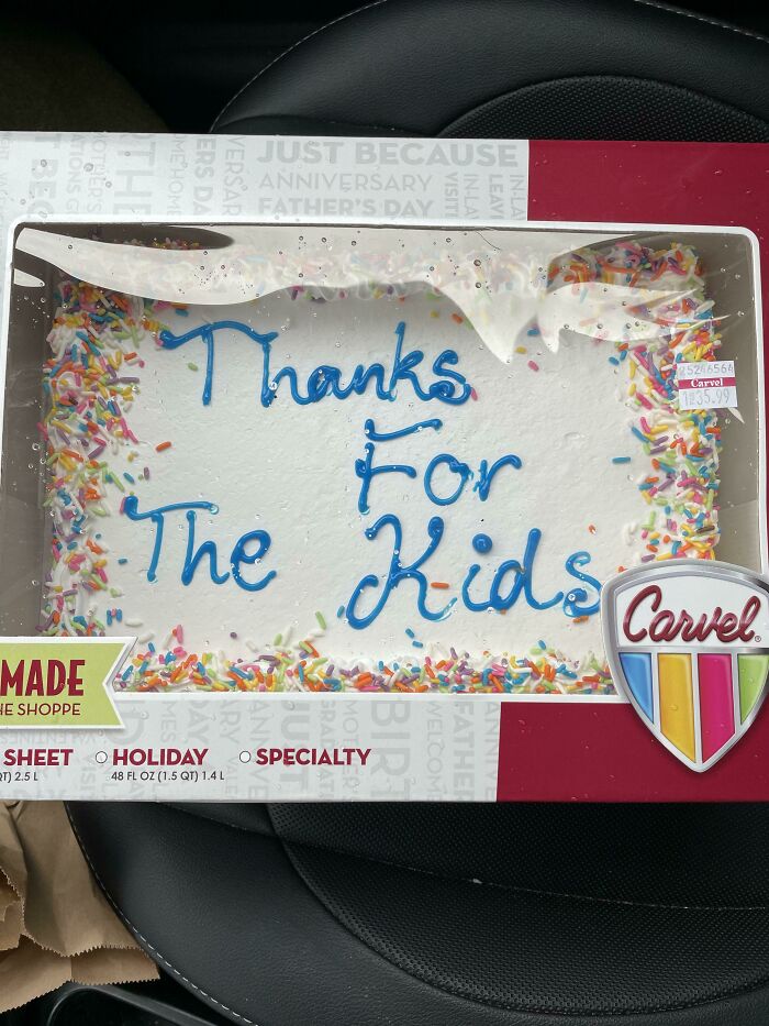 A custom Carvel ice cream cake celebrating a vasectomy, illustrating a funny thing wives do