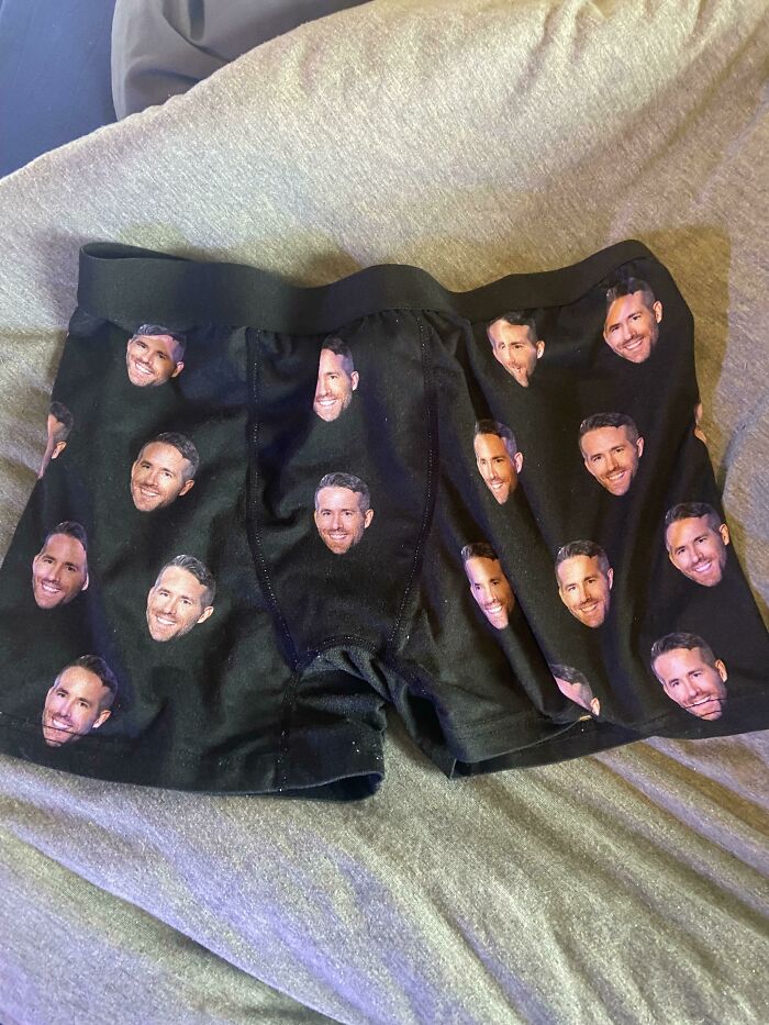 Custom boxer shorts with a celebrity face print as a funny prank by a wife