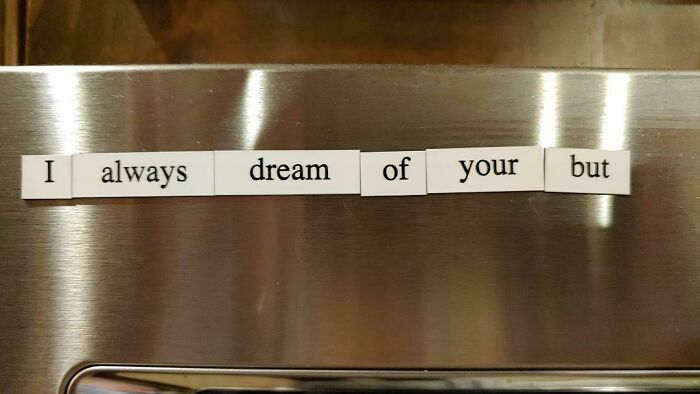 Fridge magnets spelling out a silly message from a wife to her husband