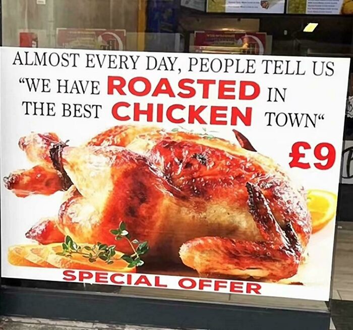 A badly designed sign advertising roasted chicken with confusing text layout.