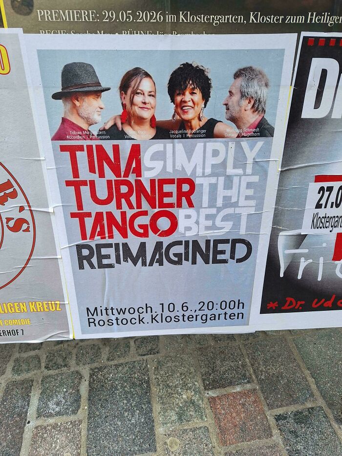 Concert poster with overlapping colored text creating badly designed signs