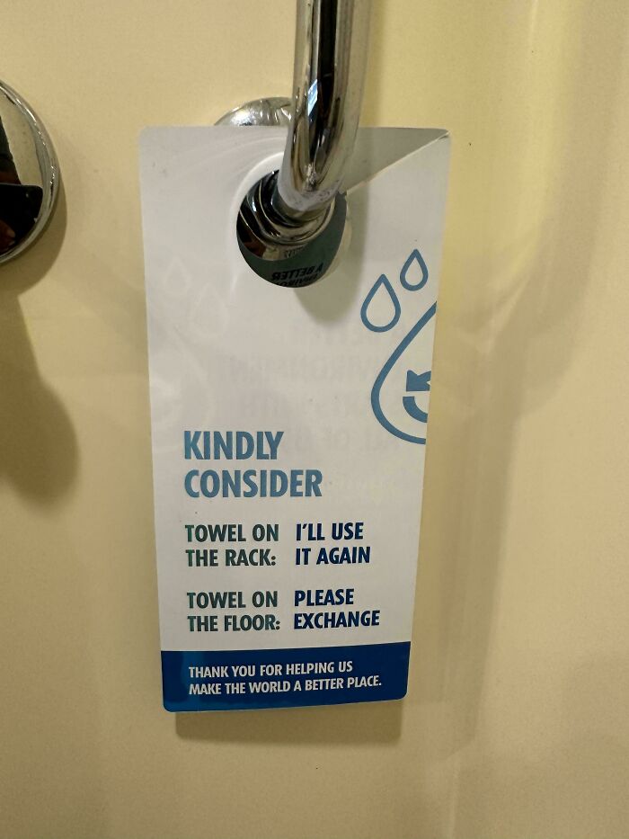 Hotel bathroom door hanger featuring badly designed signs text layout.