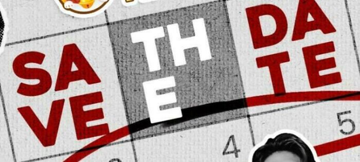 Hilarious badly designed crossword-style save the date text creating an awkward layout.
