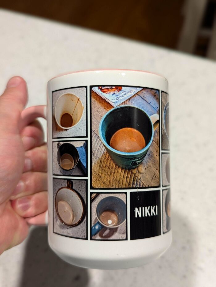 A custom printed mug featuring pictures of unfinished coffee mugs, depicting cute things wives do.