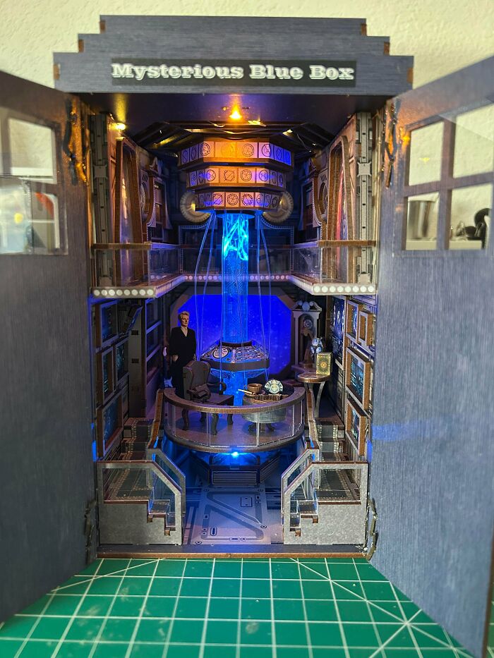 Detailed Doctor Who Tardis control room miniature book nook with glowing blue light console