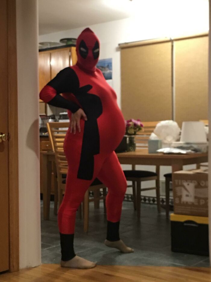 A pregnant wife wearing a Deadpool costume, a ridiculous thing husbands post