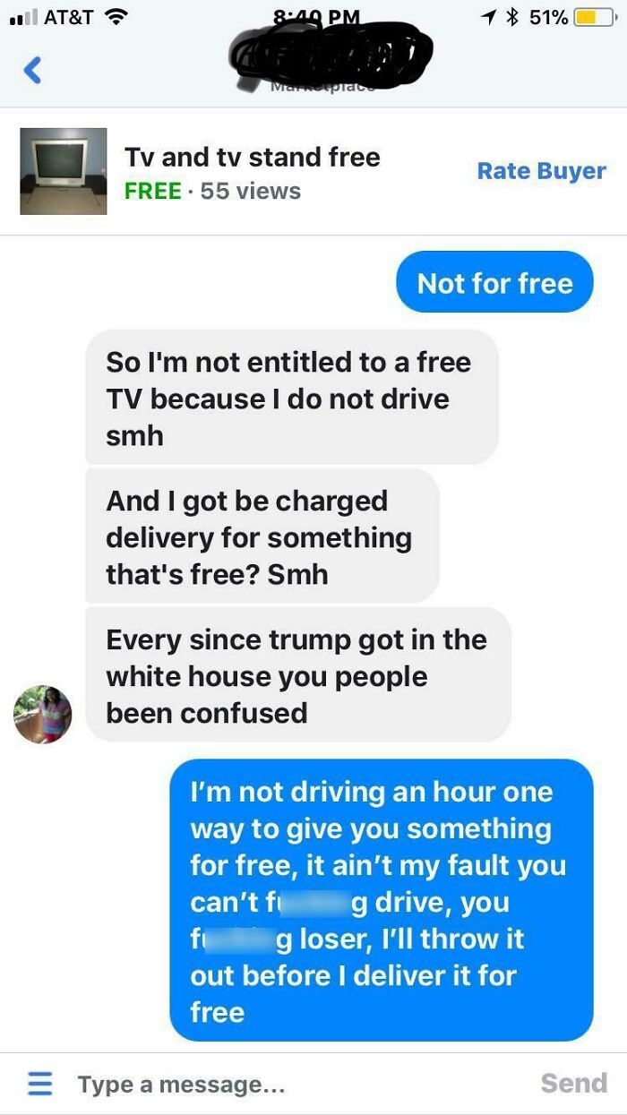 A marketplace chat screenshot of entitled people demanding free delivery for a free television.