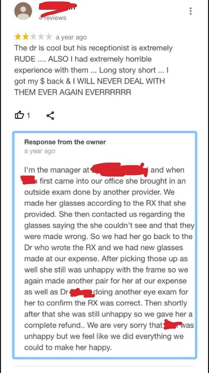 A review and owner response showcasing entitled people complaining after receiving free services.