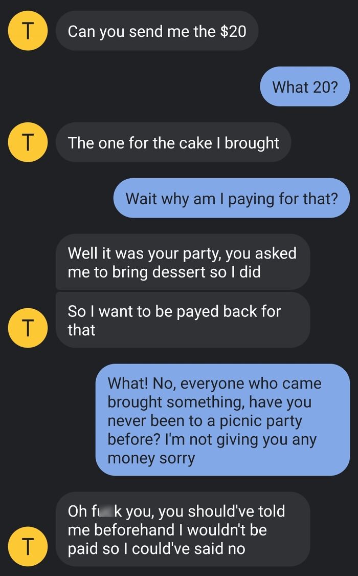 A chat screenshot of entitled people demanding money for a cake they brought to a picnic.