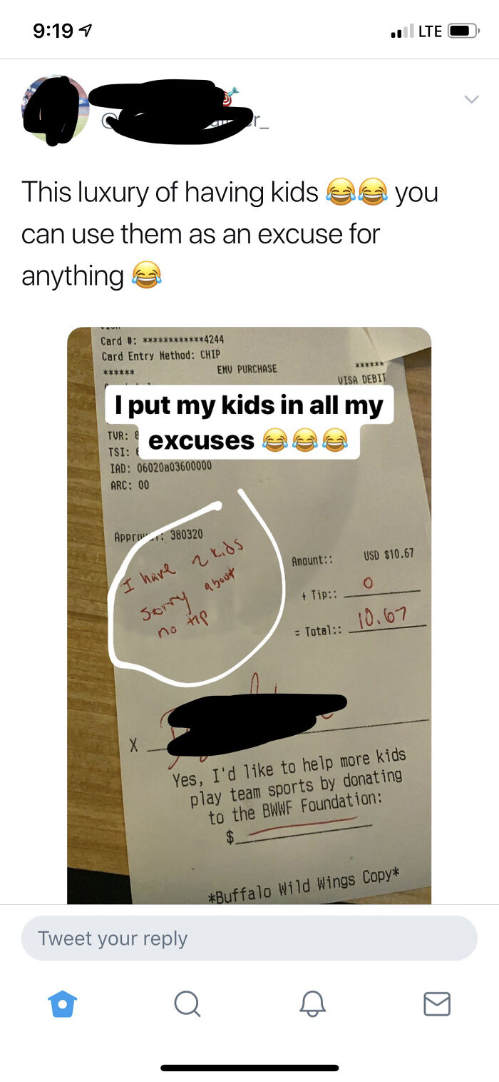 A Twitter post of a receipt left by entitled people with a note saying I have 2 kids sorry about no tip