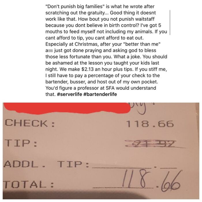 Screenshot showing a restaurant bill where entitled people crossed out the automatically included gratuity.