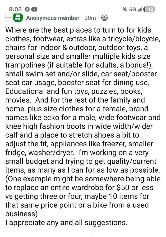 An anonymous post showing entitled people asking for free name brand clothes and large appliances.
