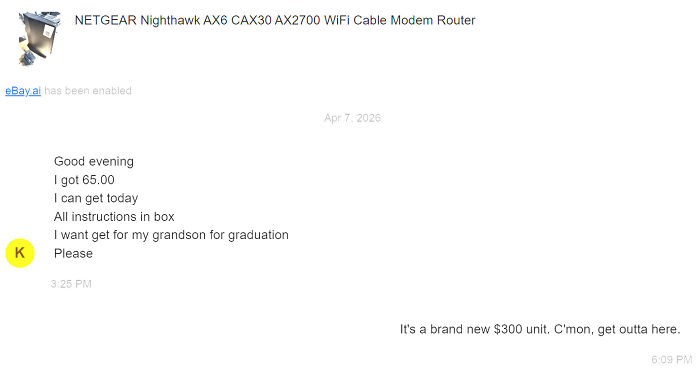 Screenshot of entitled people lowballing an online seller for an expensive modem router.