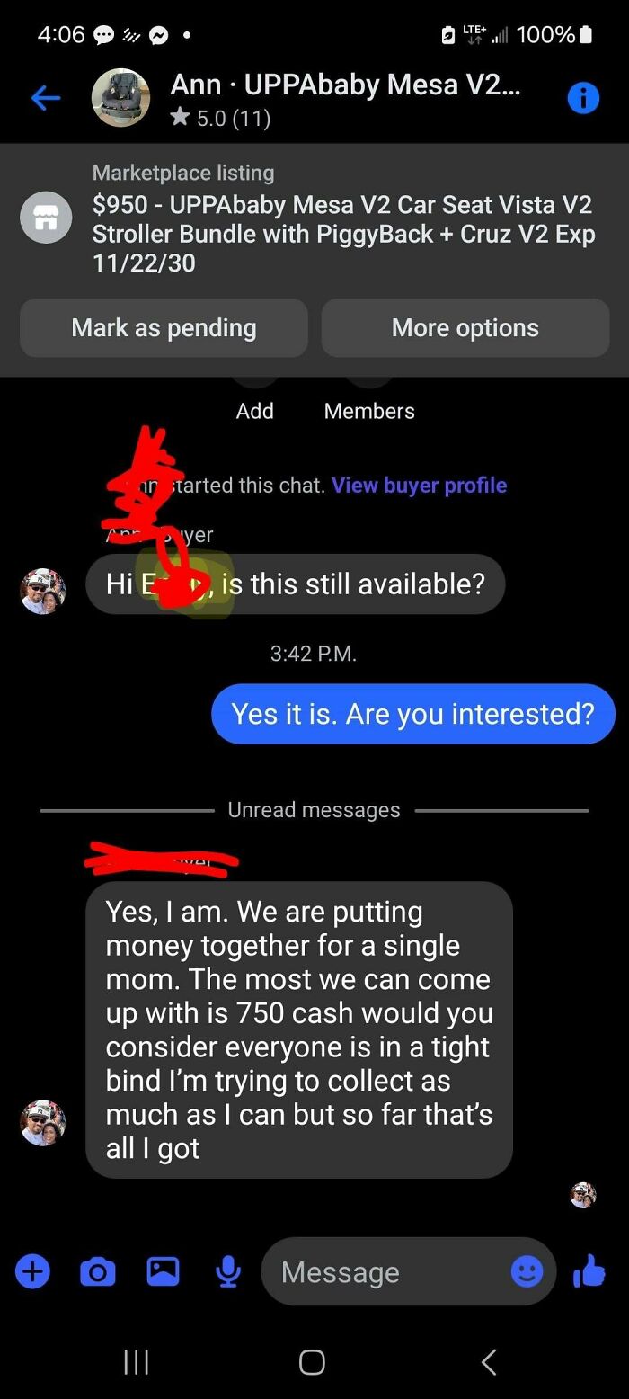 Entitled people bargaining on Facebook Marketplace, trying to get a stroller cheap by using single mom excuse.