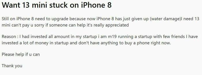 Online post showing one of the entitled people asking for a free iPhone 13 mini upgrade.